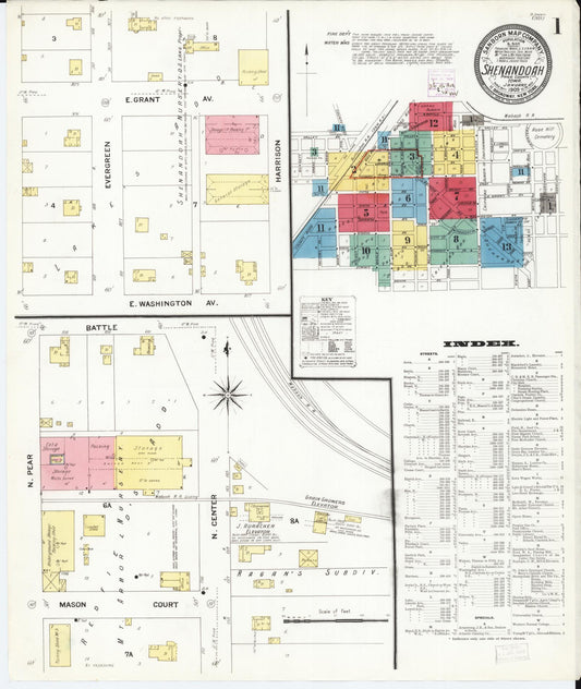 Sanborn Fire Insurance Map from Shenandoah, Page County, Iowa (1909), Sheet #0001 - Historic Sanborn Fire Insurance Map Print, vintage old map wall art