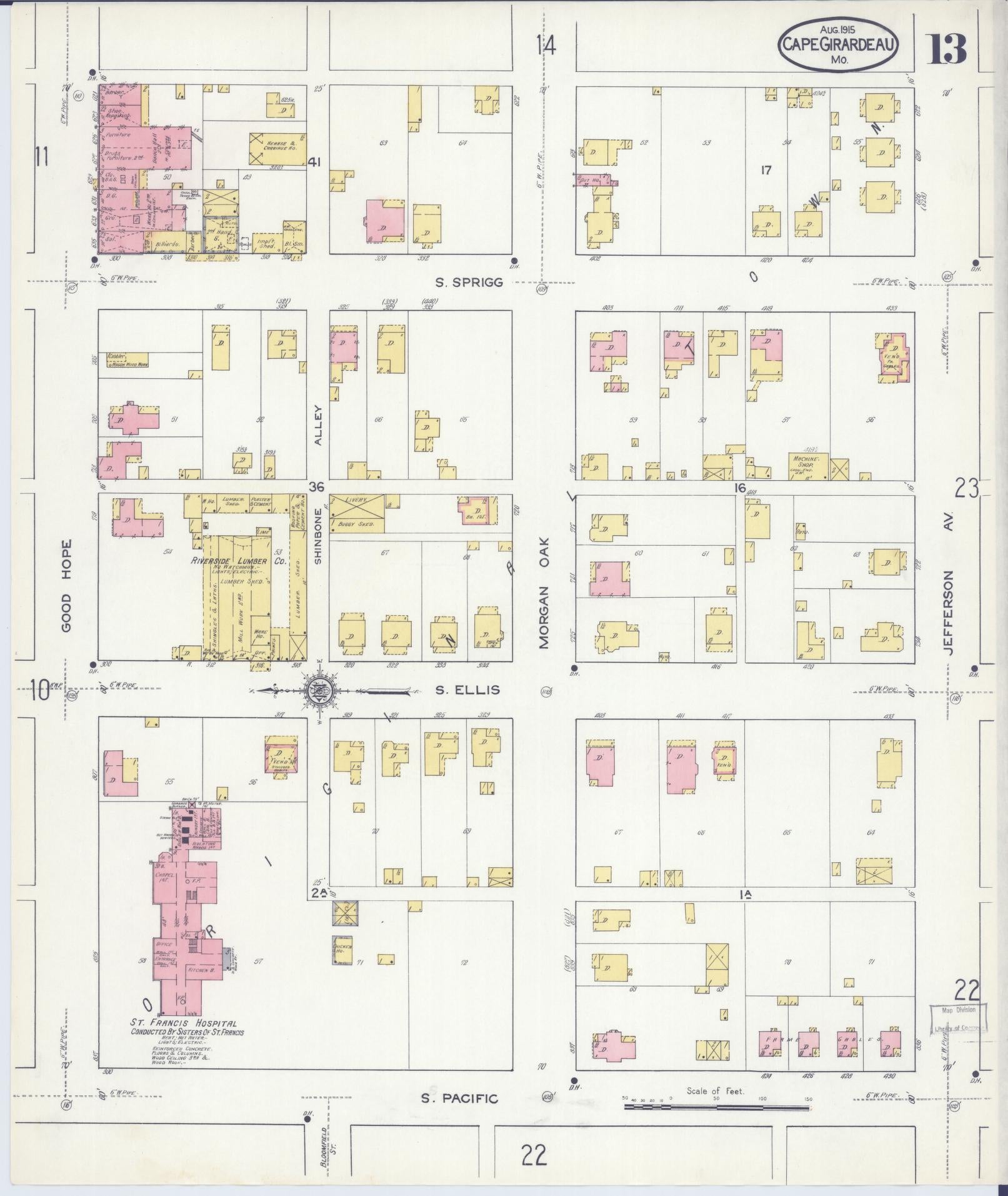 Sanborn Fire Insurance Map from Cape Girardeau, Cape Girardeau County, Missouri (1915), Sheet #0013 - Historic Sanborn Fire Insurance Map Print, vintage old map wall art, antique decor, genealogy gift, Missouri Missouri map