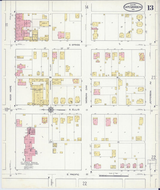 Sanborn Fire Insurance Map from Cape Girardeau, Cape Girardeau County, Missouri (1915), Sheet #0013 - Historic Sanborn Fire Insurance Map Print, vintage old map wall art, antique decor, genealogy gift, Missouri Missouri map