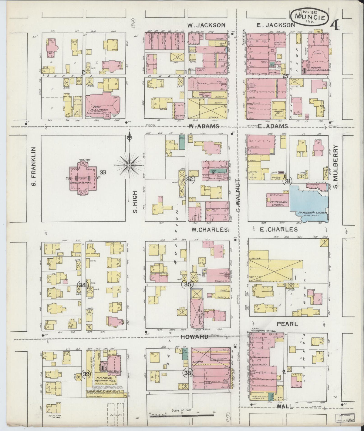 Sanborn Fire Insurance Map from Muncie, Delaware County, Indiana (1892), Sheet #0004 - Historic Sanborn Fire Insurance Map Print, vintage old map wall art, antique decor, genealogy gift, Muncie Delaware map