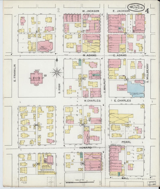 Sanborn Fire Insurance Map from Muncie, Delaware County, Indiana (1892), Sheet #0004 - Historic Sanborn Fire Insurance Map Print, vintage old map wall art, antique decor, genealogy gift, Muncie Delaware map