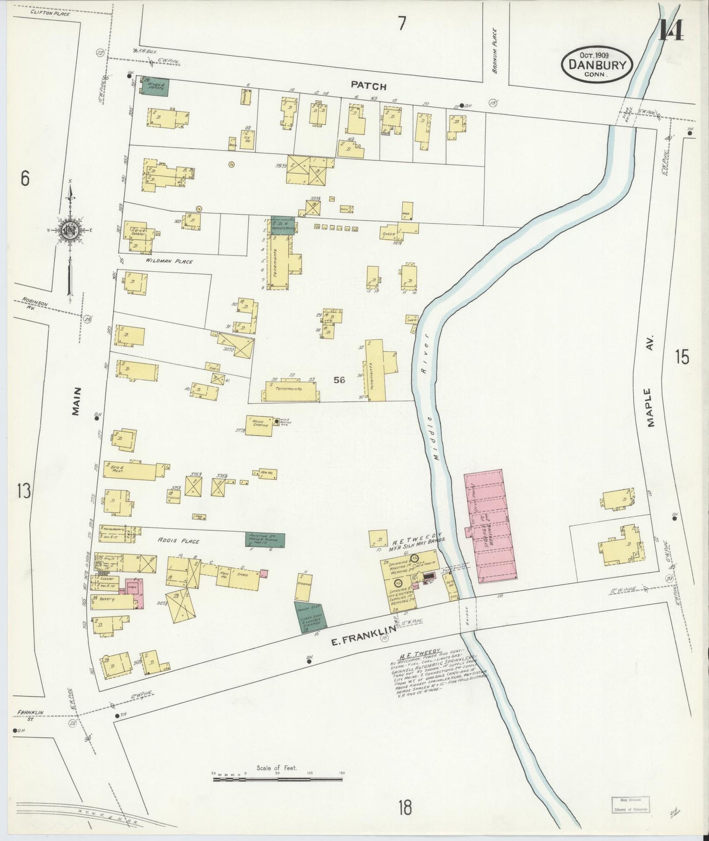 Sanborn Fire Insurance Map from Danbury, Fairfield County, Connecticut (1909), Sheet #0014 - Complete Map Set gallery image, historic Sanborn map, vintage wall art, Connecticut Connecticut