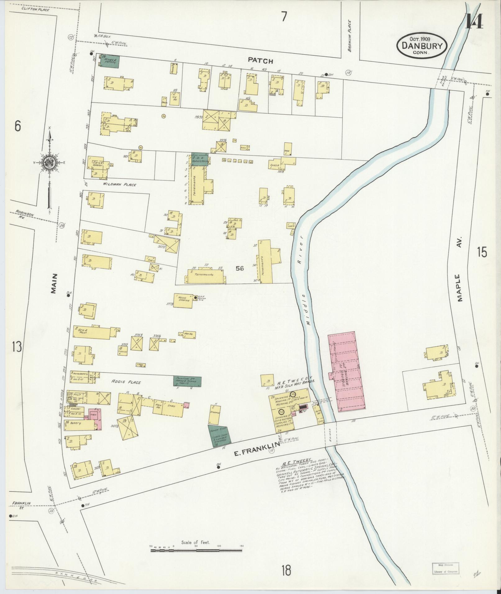 Sanborn Fire Insurance Map from Danbury, Fairfield County, Connecticut (1909), Sheet #0014 - Complete Map Set gallery image, historic Sanborn map, vintage wall art, Connecticut Connecticut