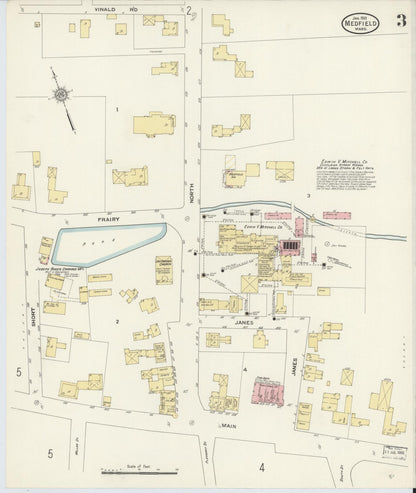 Sanborn Fire Insurance Map from Medfield, Norfolk County, Massachusetts (1911), Sheet #0003 - Historic Sanborn Fire Insurance Map Print, vintage old map wall art, antique decor, genealogy gift, Massachusetts Massachusetts map