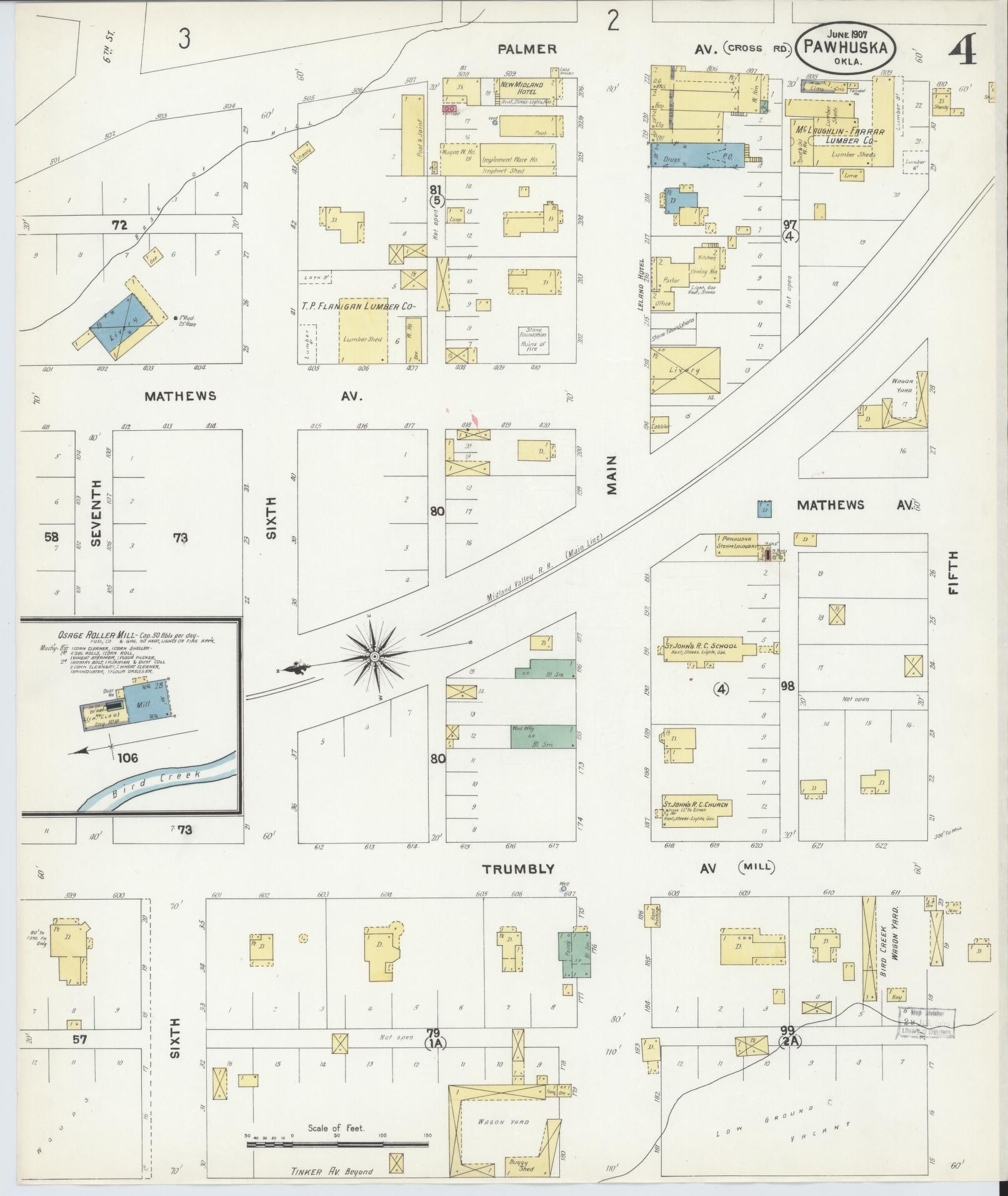 Sanborn Fire Insurance Map from Pawhuska, Osage County, Oklahoma (1907), Sheet #0004 - Historic Sanborn Fire Insurance Map Print, vintage old map wall art, antique decor, genealogy gift, Oklahoma Oklahoma map