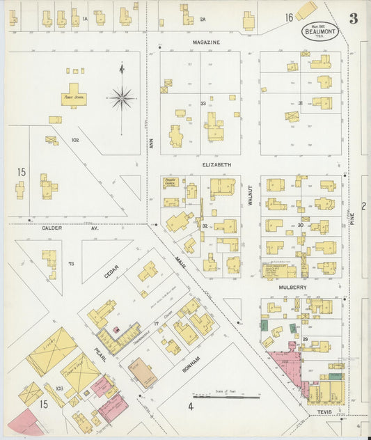 Sanborn Fire Insurance Map from Beaumont, Jefferson County, Texas (1902), Sheet #0003 - Historic Sanborn Fire Insurance Map Print, vintage old map wall art, antique decor, genealogy gift, Texas Texas map