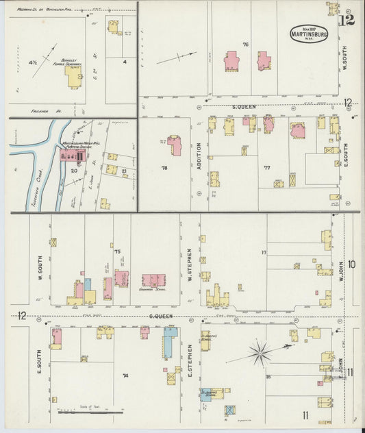 Sanborn Fire Insurance Map from Martinsburg, Berkeley County, West Virginia (1897), Sheet #0012 - Historic Sanborn Fire Insurance Map Print, vintage old map wall art, antique decor, genealogy gift, West Virginia West Virginia map