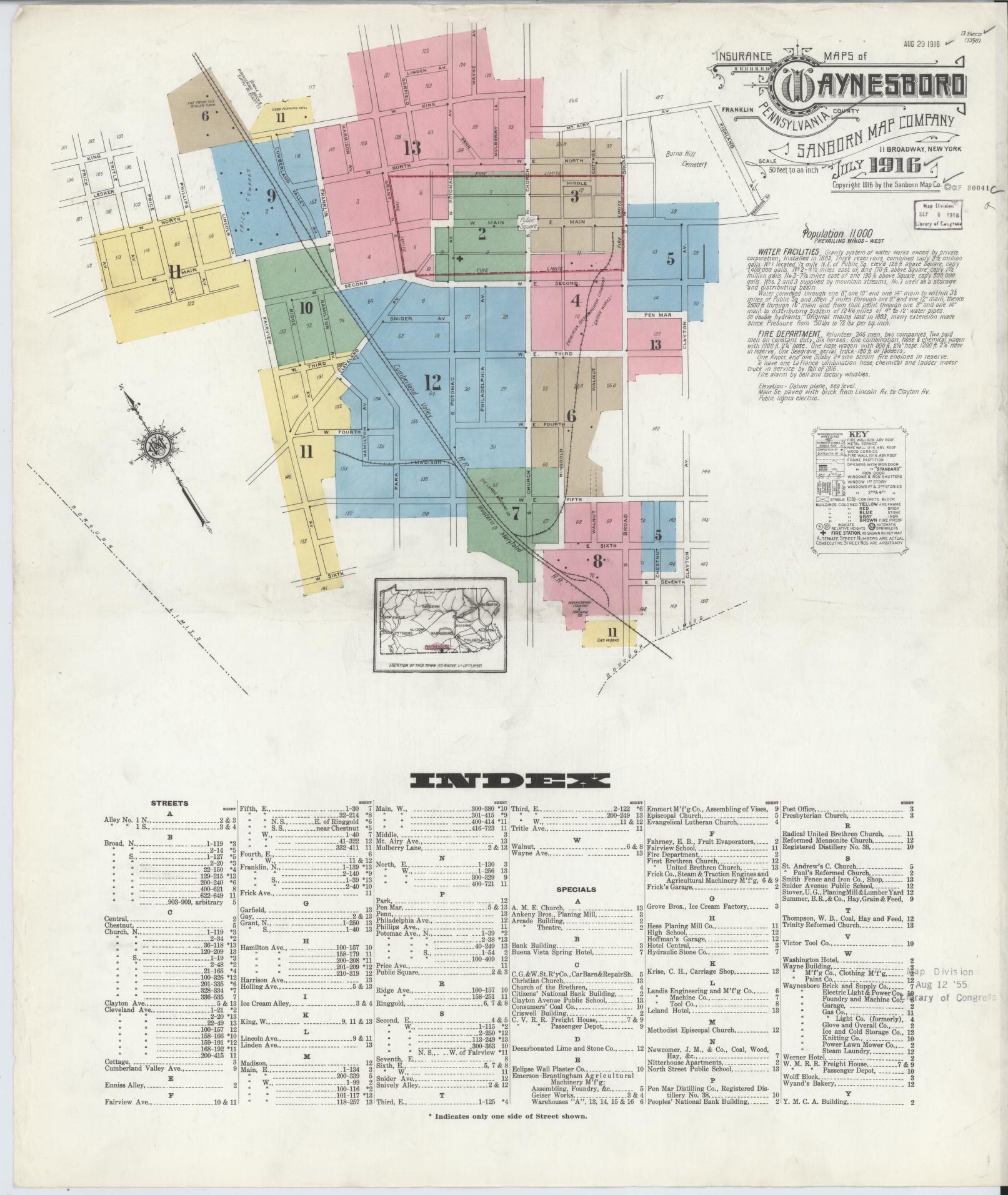 Sanborn Fire Insurance Map from Waynesboro, Franklin County, Pennsylvania (1916), Sheet #0001 - Complete Map Set gallery image, historic Sanborn map, vintage wall art, Pennsylvania Pennsylvania