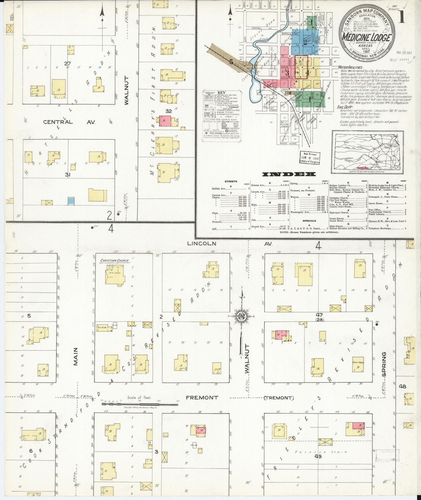Sanborn Fire Insurance Map from Medicine Lodge, Barber County, Kansas (1917), Sheet #0001 - Complete Map Set gallery image, historic Sanborn map, vintage wall art, Kansas Kansas