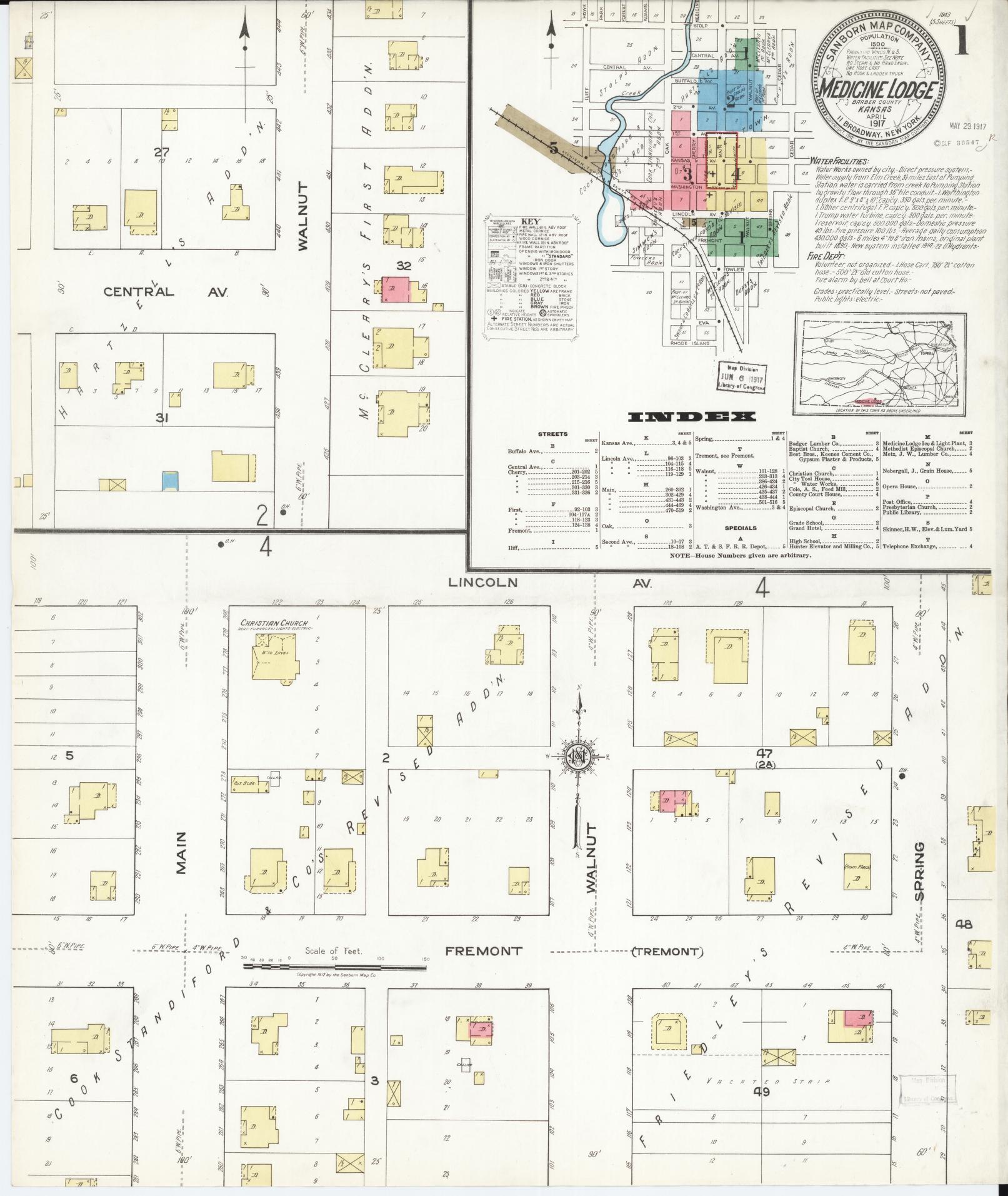 Sanborn Fire Insurance Map from Medicine Lodge, Barber County, Kansas (1917), Sheet #0001 - Complete Map Set gallery image, historic Sanborn map, vintage wall art, Kansas Kansas