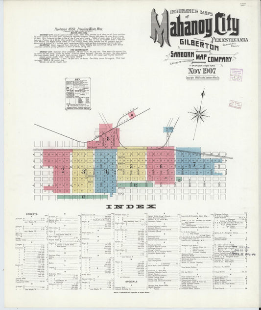 Sanborn Fire Insurance Map from Mahanoy City, Schuylkill County, Pennsylvania (1907), Sheet #0001 - Historic Sanborn Fire Insurance Map Print, vintage old map wall art, antique decor, genealogy gift, Pennsylvania Pennsylvania map