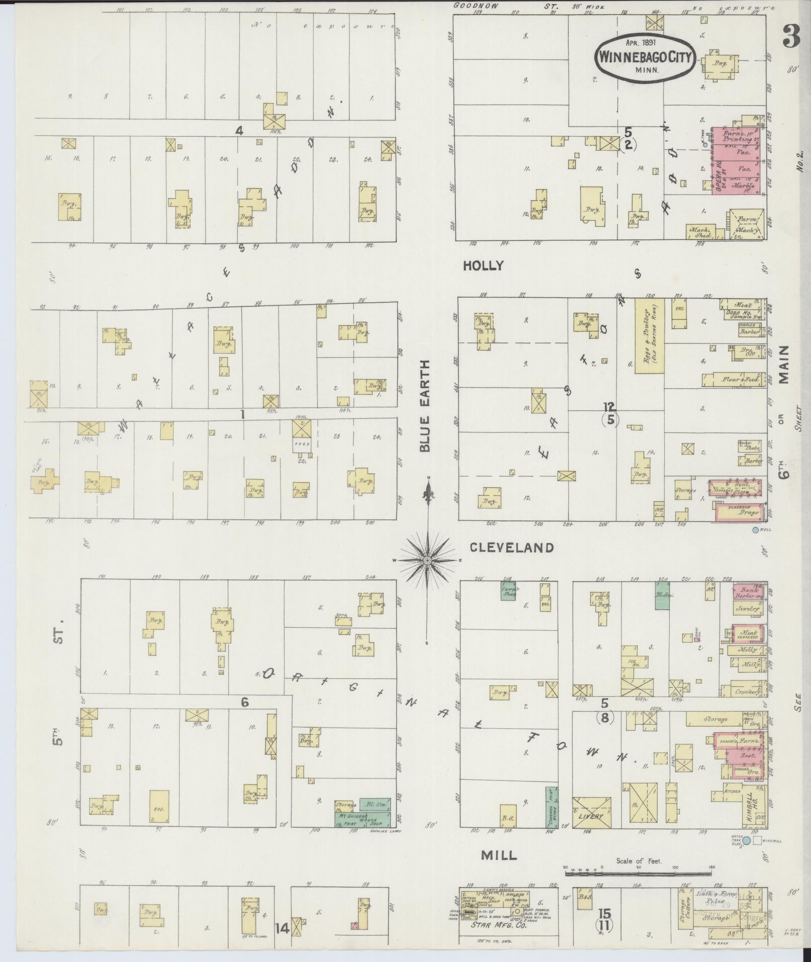 Sanborn Fire Insurance Map from Winnebago, Faribault County, Minnesota (1891), Sheet #0003 - Complete Map Set gallery image, historic Sanborn map, vintage wall art, Minnesota Minnesota