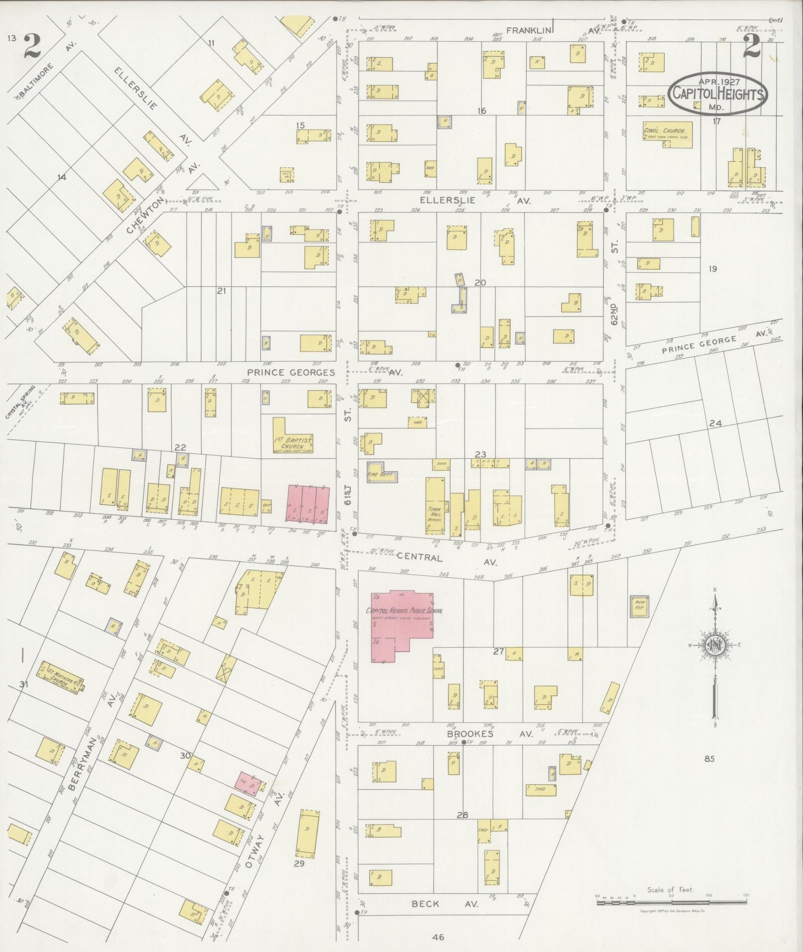 Sanborn Fire Insurance Map from Capitol Heights, Prince Georges County, Maryland (1927), Sheet #0002 - Historic Sanborn Fire Insurance Map Print, vintage old map wall art, antique decor, genealogy gift, Maryland Maryland map