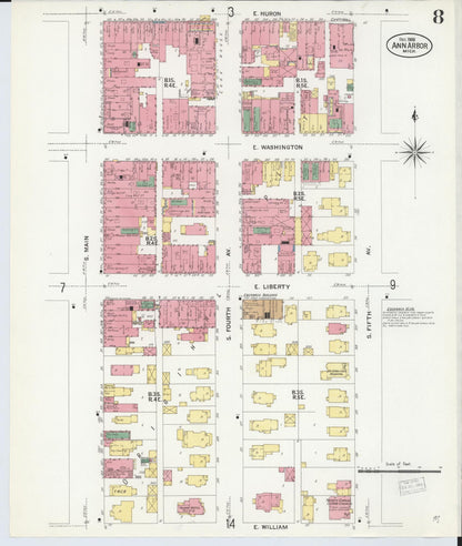 Sanborn Fire Insurance Map from Ann Arbor, Washtenaw County, Michigan (1908), Sheet #0008 - Complete Map Set gallery image, historic Sanborn map, vintage wall art, Michigan Michigan