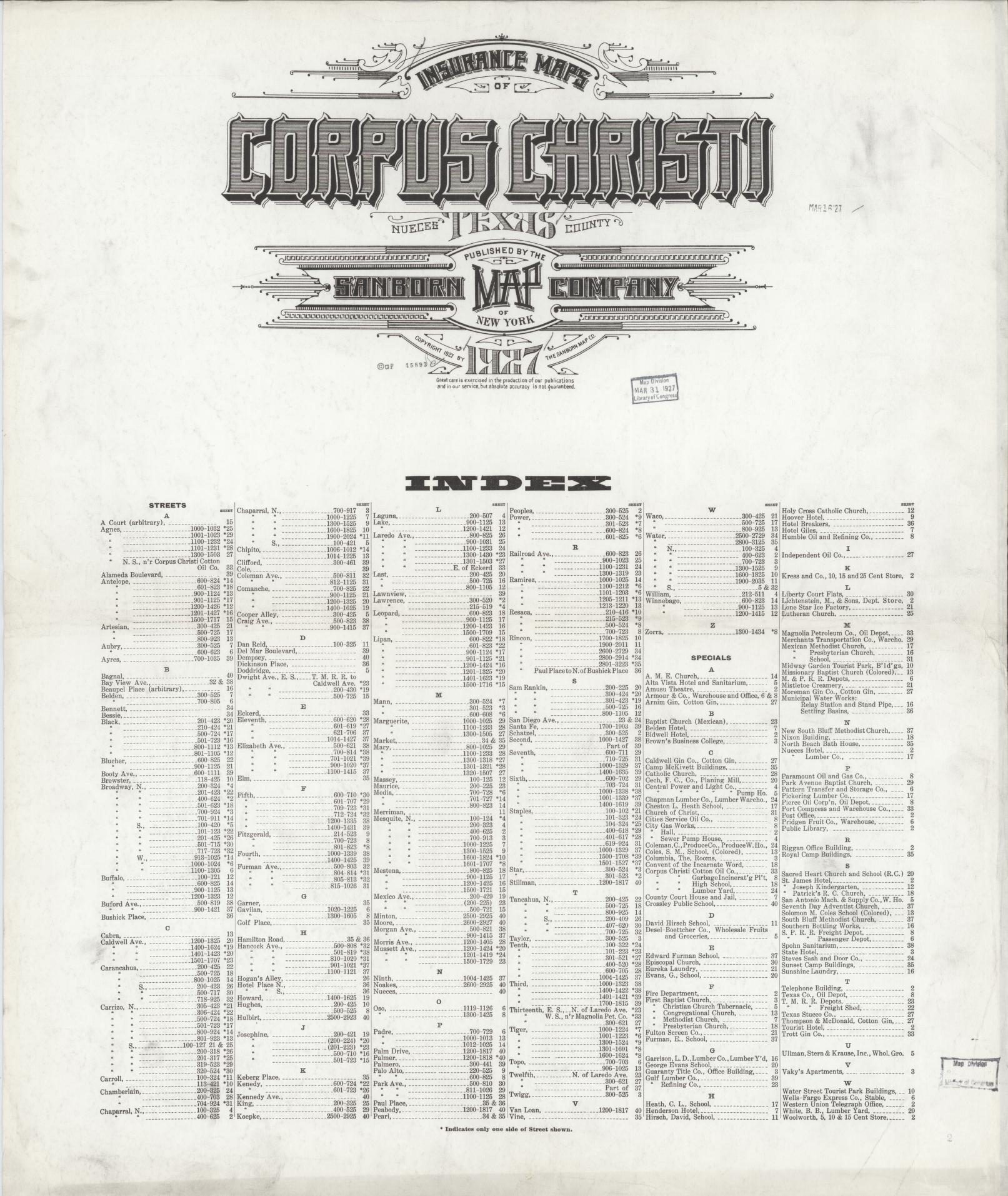 Sanborn Fire Insurance Map from Corpus Christi, Nueces County, Texas (1927), Sheet #0001 - Historic Sanborn Fire Insurance Map Print, vintage old map wall art, antique decor, genealogy gift, Texas Texas map