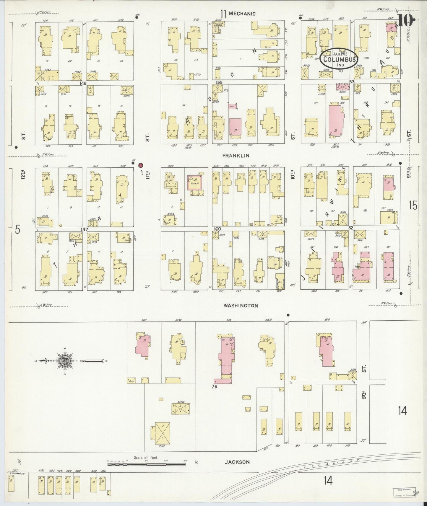 Sanborn Fire Insurance Map from Columbus, Bartholomew County, Indiana (1912), Sheet #0010 - Historic Sanborn Fire Insurance Map Print, vintage old map wall art, antique decor, genealogy gift, Indiana Indiana map