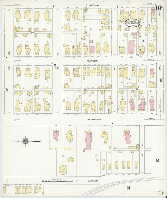 Sanborn Fire Insurance Map from Columbus, Bartholomew County, Indiana (1912), Sheet #0010 - Historic Sanborn Fire Insurance Map Print, vintage old map wall art, antique decor, genealogy gift, Indiana Indiana map