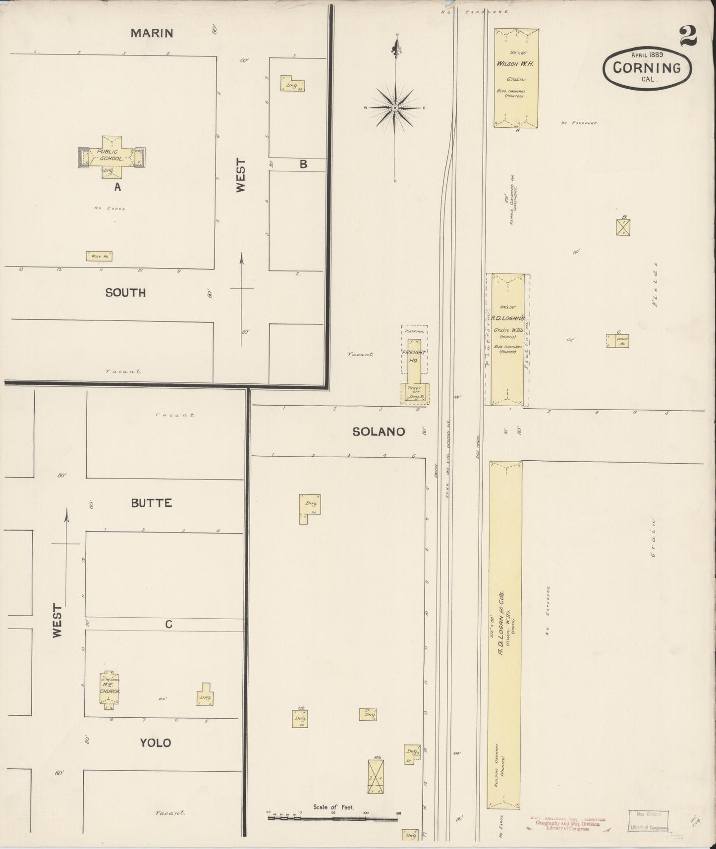 Sanborn Fire Insurance Map from Corning, Tehama County, California (1889), Sheet #0002 - Historic Sanborn Fire Insurance Map Print, vintage old map wall art, antique decor, genealogy gift, California California map