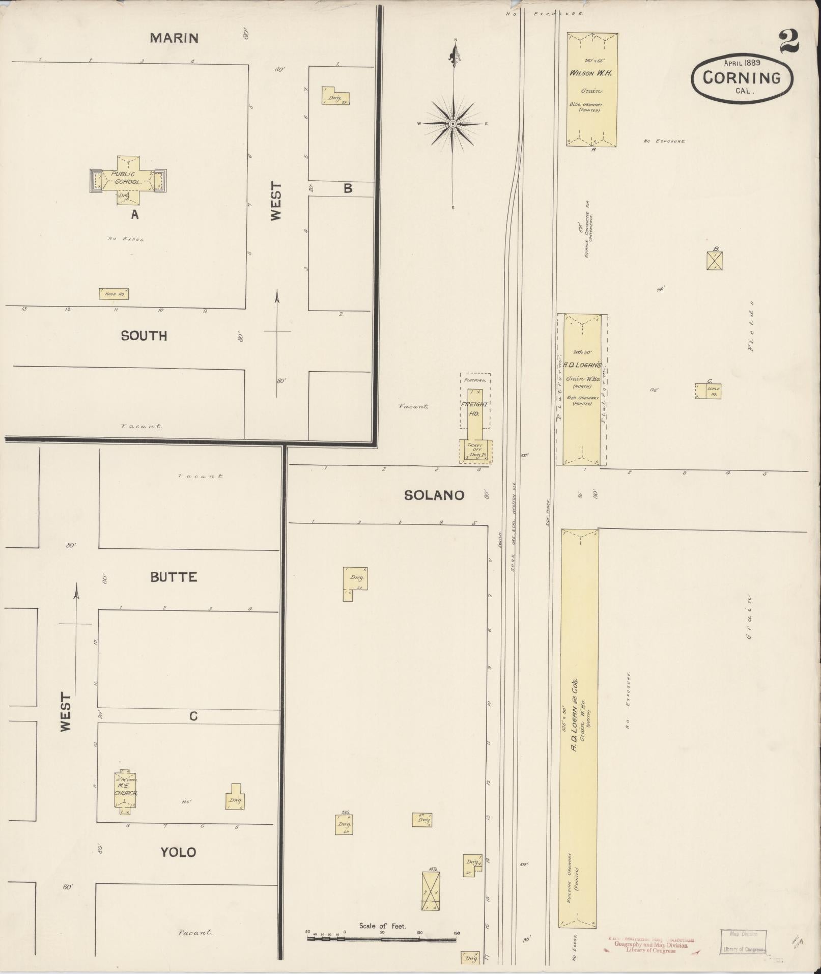 Sanborn Fire Insurance Map from Corning, Tehama County, California (1889), Sheet #0002 - Historic Sanborn Fire Insurance Map Print, vintage old map wall art, antique decor, genealogy gift, California California map
