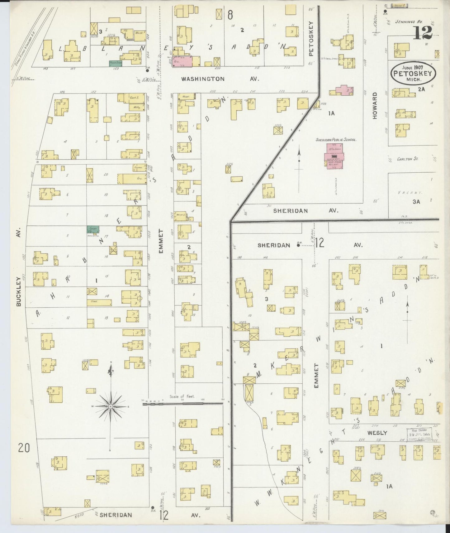 Sanborn Fire Insurance Map from Petoskey, Emmet County, Michigan (1907), Sheet #0012 - Historic Sanborn Fire Insurance Map Print, vintage old map wall art, antique decor, genealogy gift, Michigan Michigan map