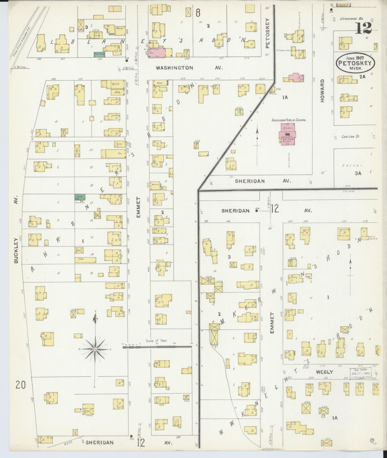 Sanborn Fire Insurance Map from Petoskey, Emmet County, Michigan (1907), Sheet #0012 - Historic Sanborn Fire Insurance Map Print, vintage old map wall art, antique decor, genealogy gift, Michigan Michigan map