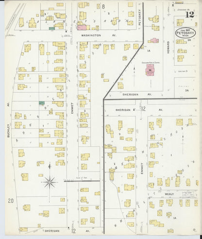 Sanborn Fire Insurance Map from Petoskey, Emmet County, Michigan (1907), Sheet #0012 - Historic Sanborn Fire Insurance Map Print, vintage old map wall art, antique decor, genealogy gift, Michigan Michigan map