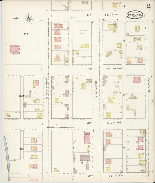 Sanborn Fire Insurance Map from Phoenix, Maricopa County, Arizona (1893), Sheet #0002 - Historic Sanborn Fire Insurance Map Print, vintage old map wall art, antique decor, genealogy gift, Arizona Arizona map