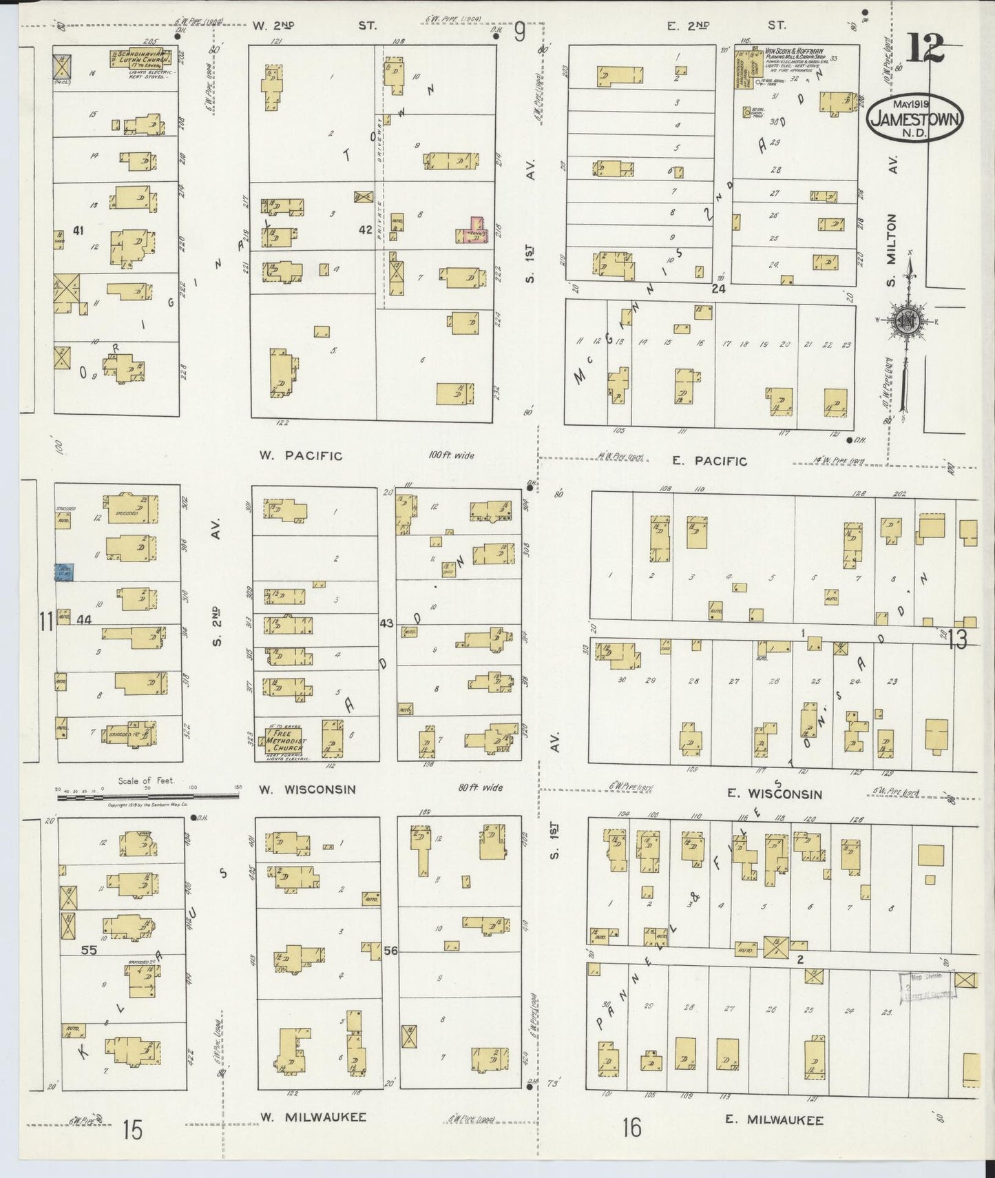 Sanborn Fire Insurance Map from Jamestown, Stutsman County, North Dakota (1919), Sheet #0012 - Complete Map Set gallery image, historic Sanborn map, vintage wall art, North Dakota North Dakota