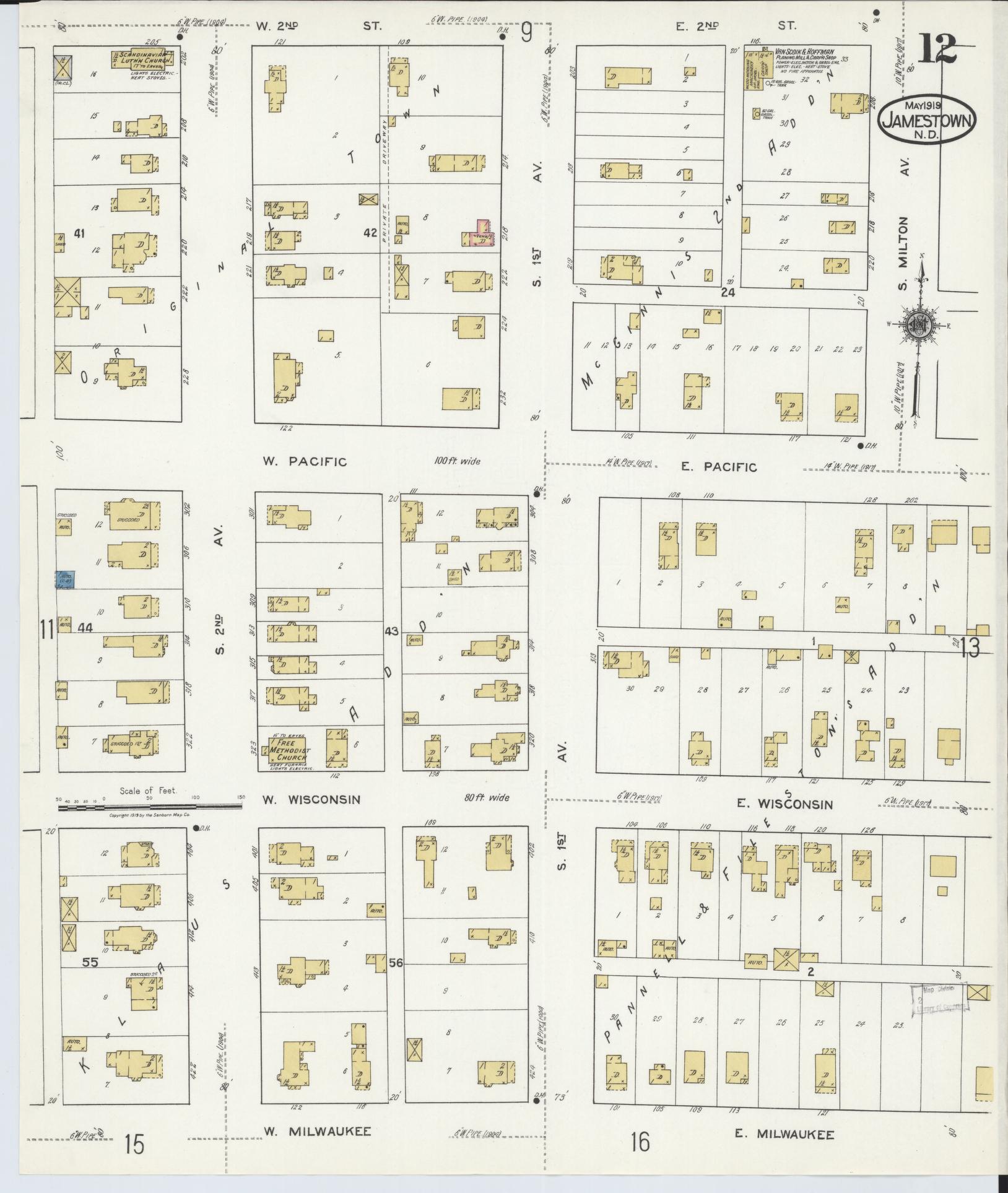 Sanborn Fire Insurance Map from Jamestown, Stutsman County, North Dakota (1919), Sheet #0012 - Complete Map Set gallery image, historic Sanborn map, vintage wall art, North Dakota North Dakota