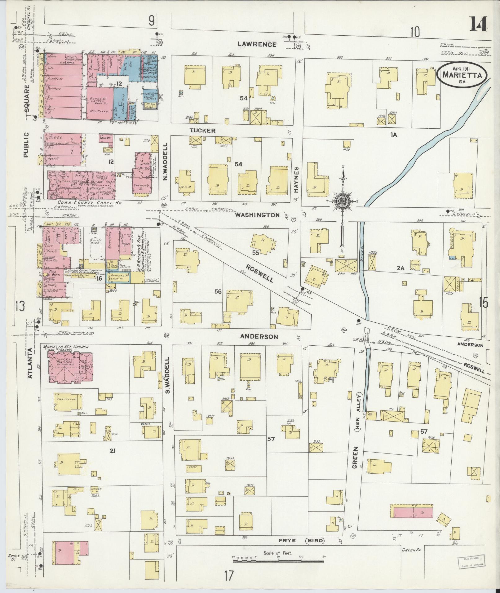 Sanborn Fire Insurance Map from Marietta, Cobb County, Georgia (1911), Sheet #0014 - Historic Sanborn Fire Insurance Map Print, vintage old map wall art, antique decor, genealogy gift, Georgia Georgia map