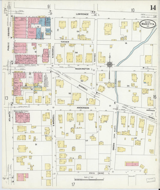 Sanborn Fire Insurance Map from Marietta, Cobb County, Georgia (1911), Sheet #0014 - Historic Sanborn Fire Insurance Map Print, vintage old map wall art, antique decor, genealogy gift, Georgia Georgia map