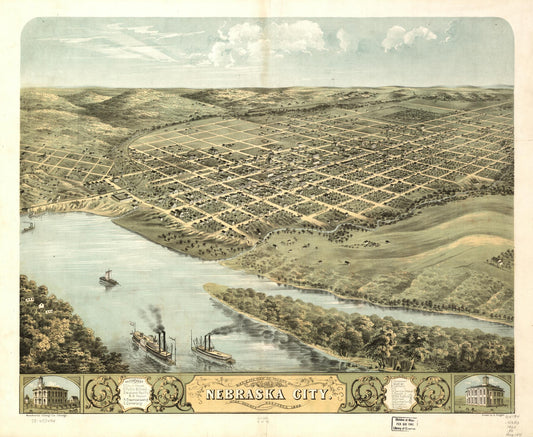 Bird's eye view of the city of Nebraska City, Otoe County, Nebraska 1868. (1868) – Historic Bird’s-Eye View Panorama Print