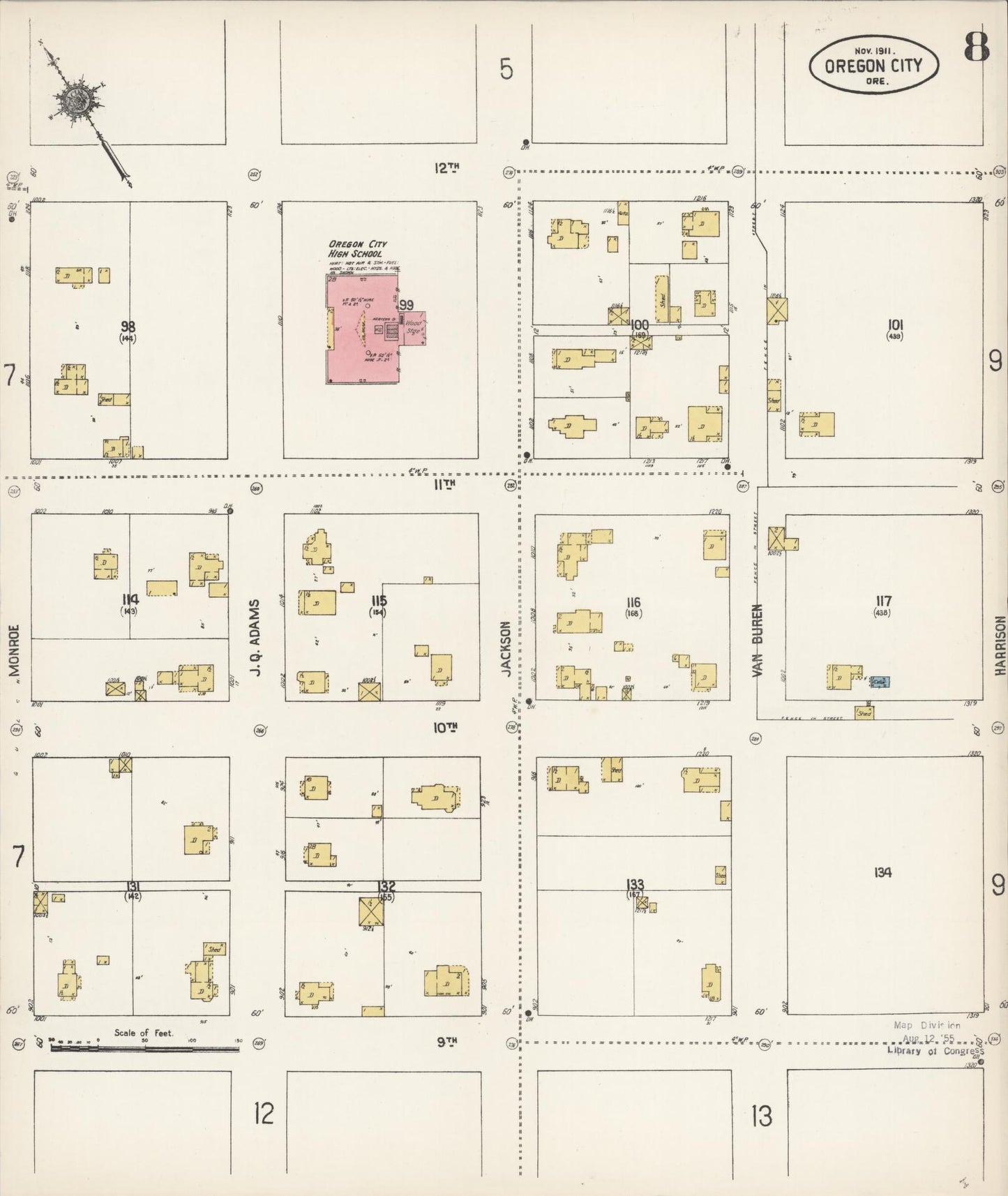 Sanborn Fire Insurance Map from Oregon City, Clackamas County, Oregon (1911), Sheet #0008 - Historic Sanborn Fire Insurance Map Print, vintage old map wall art, antique decor, genealogy gift, Oregon Oregon map