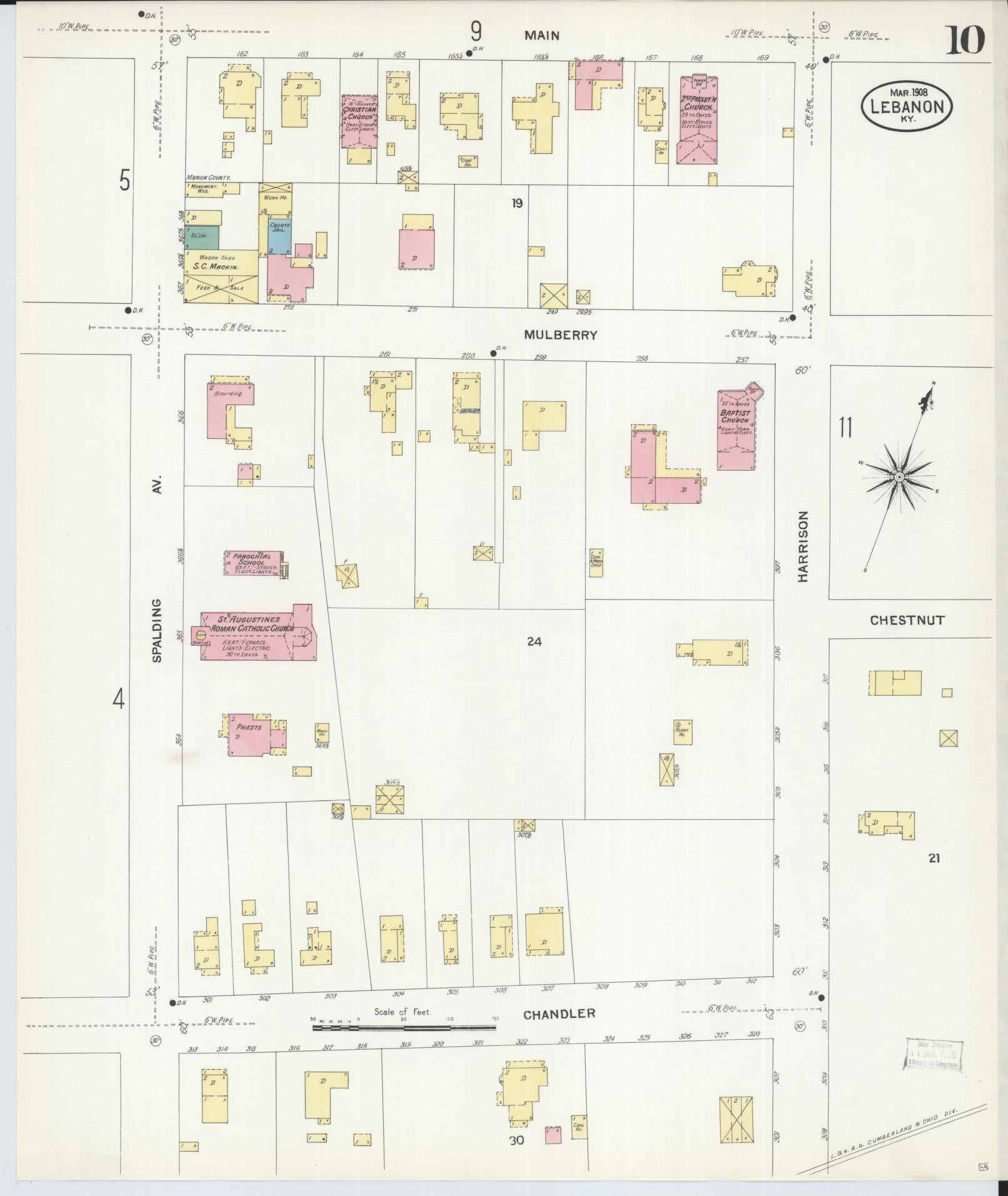 Sanborn Fire Insurance Map from Lebanon, Marion County, Kentucky (1908), Sheet #0010 - Historic Sanborn Fire Insurance Map Print, vintage old map wall art, antique decor, genealogy gift, Kentucky Kentucky map