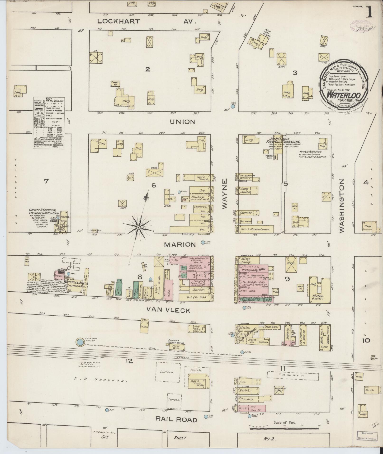 Sanborn Fire Insurance Map from Waterloo, De Kalb County, Indiana (1886), Sheet #0001 - Complete Map Set gallery image, historic Sanborn map, vintage wall art, Indiana Indiana