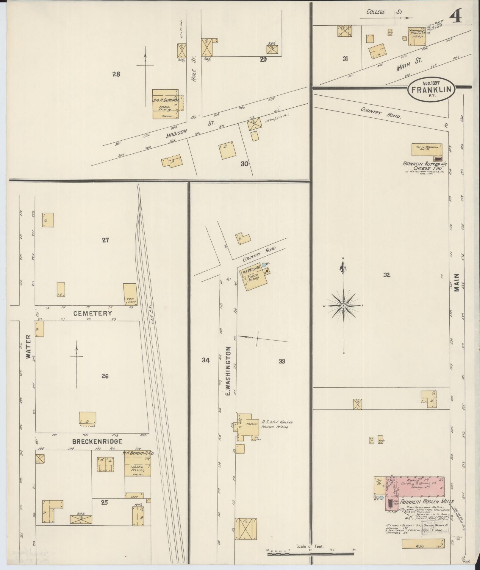 Sanborn Fire Insurance Map from Franklin, Simpson County, Kentucky (1897), Sheet #0004 - Historic Sanborn Fire Insurance Map Print, vintage old map wall art, antique decor, genealogy gift, Kentucky Kentucky map