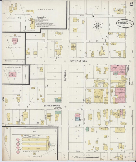 Sanborn Fire Insurance Map from Virginia, Cass County, Illinois (1887), Sheet #0002 - Historic Sanborn Fire Insurance Map Print, vintage old map wall art, antique decor, genealogy gift, Virginia Virginia map