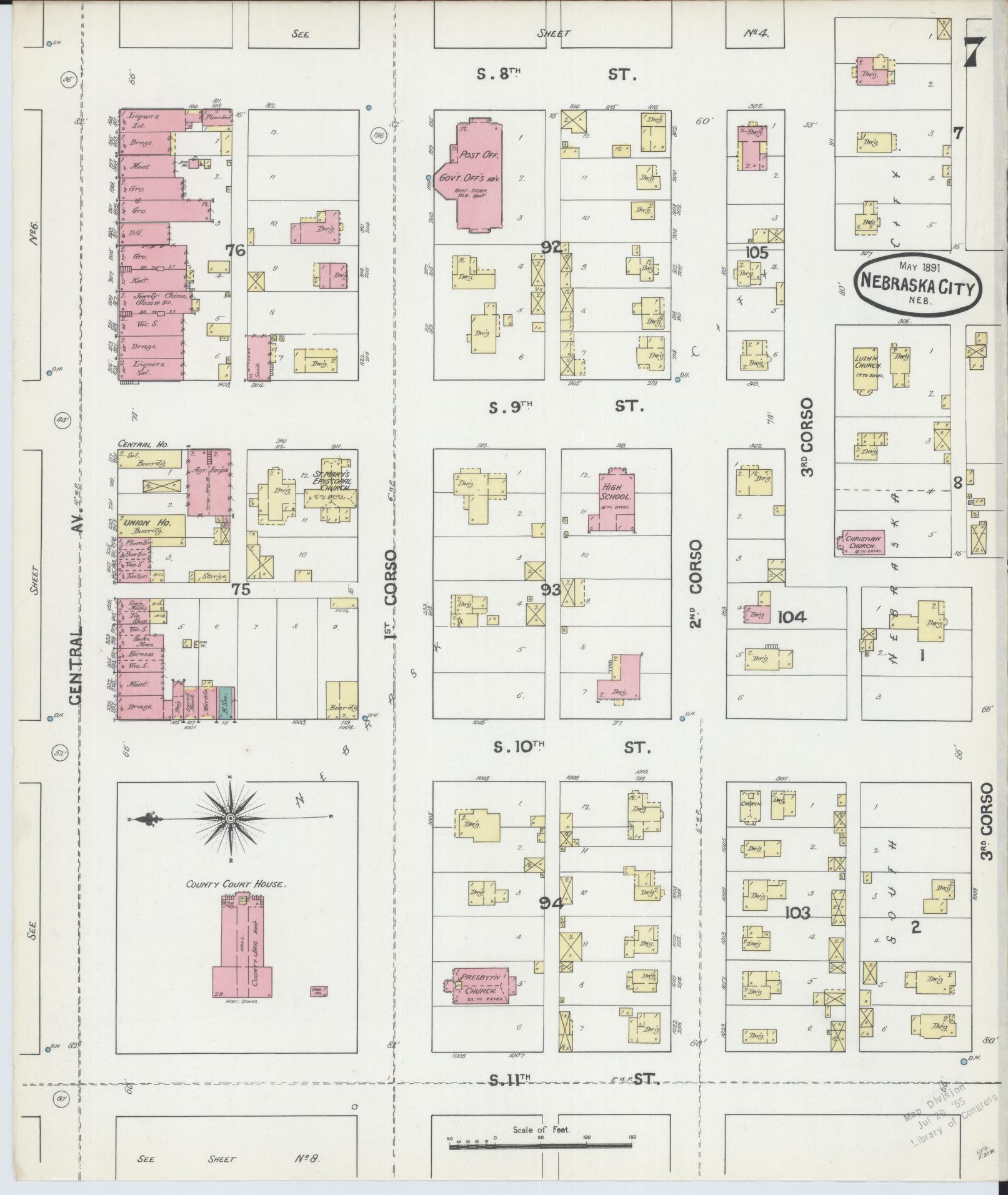 Sanborn Fire Insurance Map from Nebraska City, Otoe County, Nebraska (1891), Sheet #0007 - Historic Sanborn Fire Insurance Map Print, vintage old map wall art, antique decor, genealogy gift, Nebraska Nebraska map