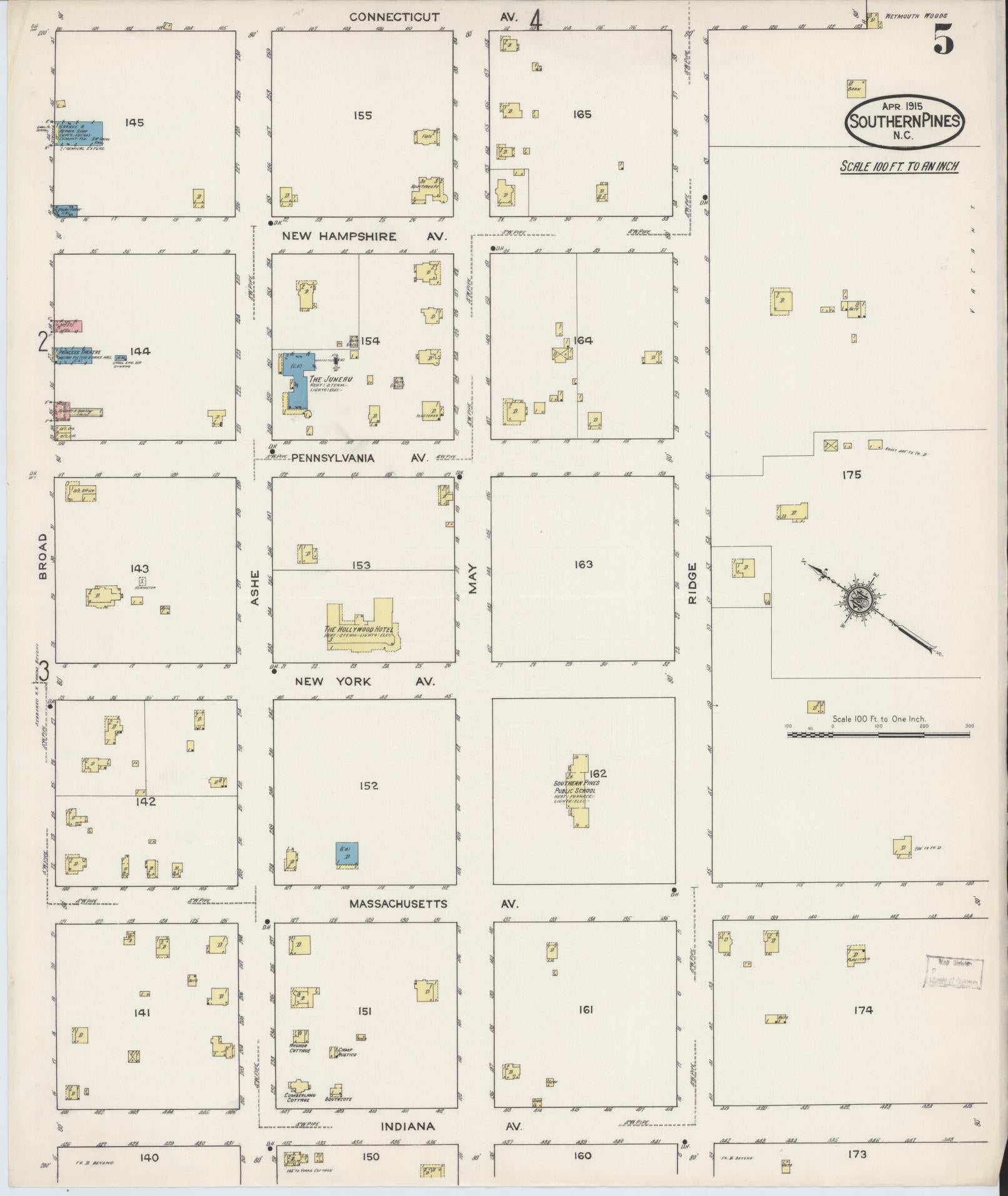 Sanborn Fire Insurance Map from Southern Pines, Moore County, North Carolina (1915), Sheet #0005 - Historic Sanborn Fire Insurance Map Print, vintage old map wall art, antique decor, genealogy gift, North Carolina North Carolina map
