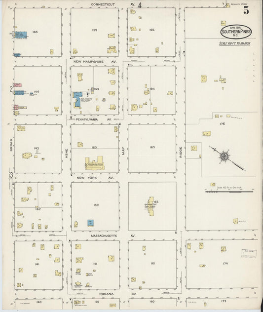 Sanborn Fire Insurance Map from Southern Pines, Moore County, North Carolina (1915), Sheet #0005 - Historic Sanborn Fire Insurance Map Print, vintage old map wall art, antique decor, genealogy gift, North Carolina North Carolina map