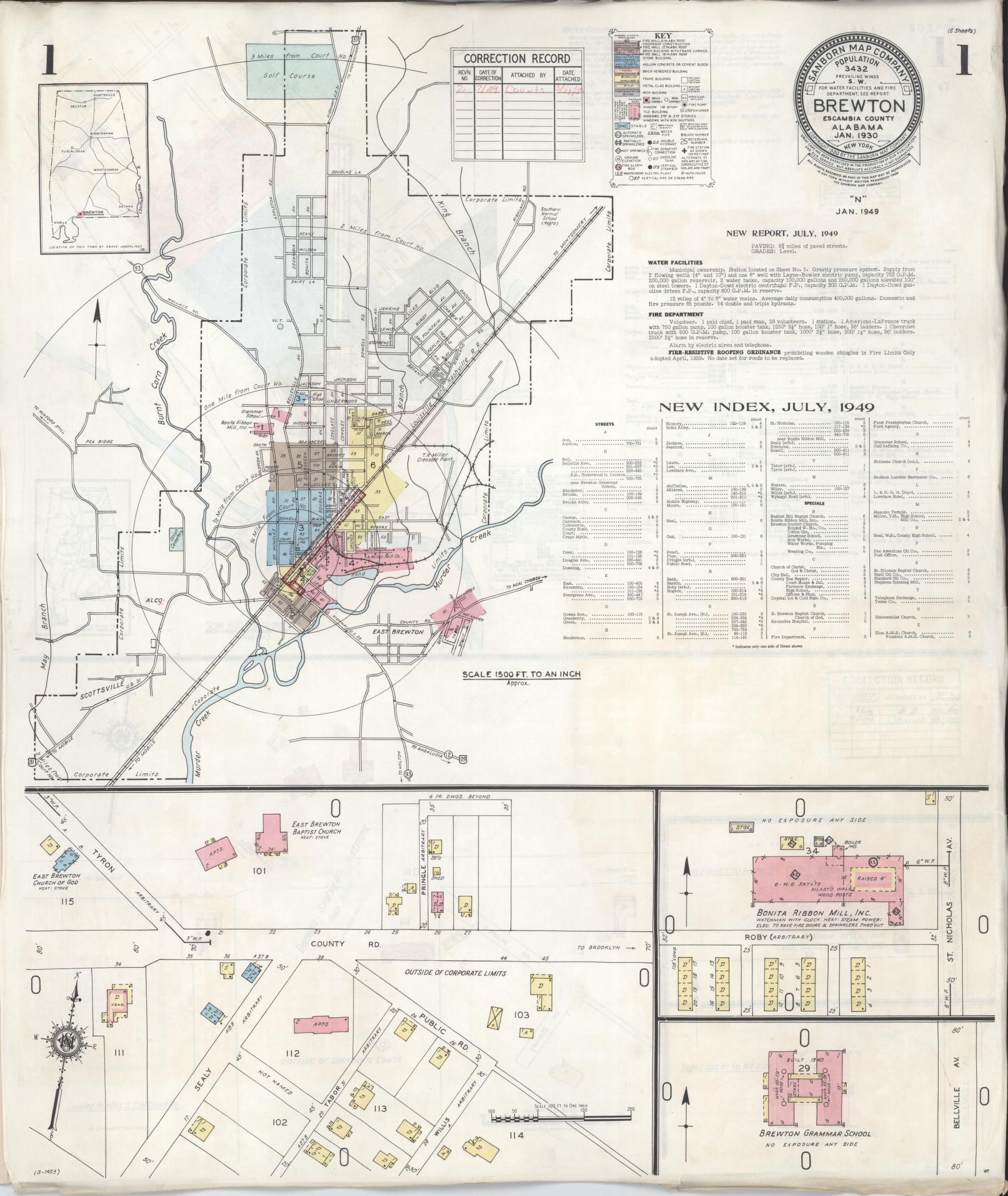 Sanborn Fire Insurance Map from Brewton, Escambia County, Alabama (1949), Sheet #0001 - Historic Sanborn Fire Insurance Map Print, vintage old map wall art, antique decor, genealogy gift, Alabama Alabama map