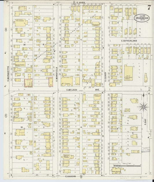 Sanborn Fire Insurance Map from Ironwood, Gogebic County, Michigan (1898), Sheet #0007 - Historic Sanborn Fire Insurance Map Print, vintage old map wall art, antique decor, genealogy gift, Michigan Michigan map