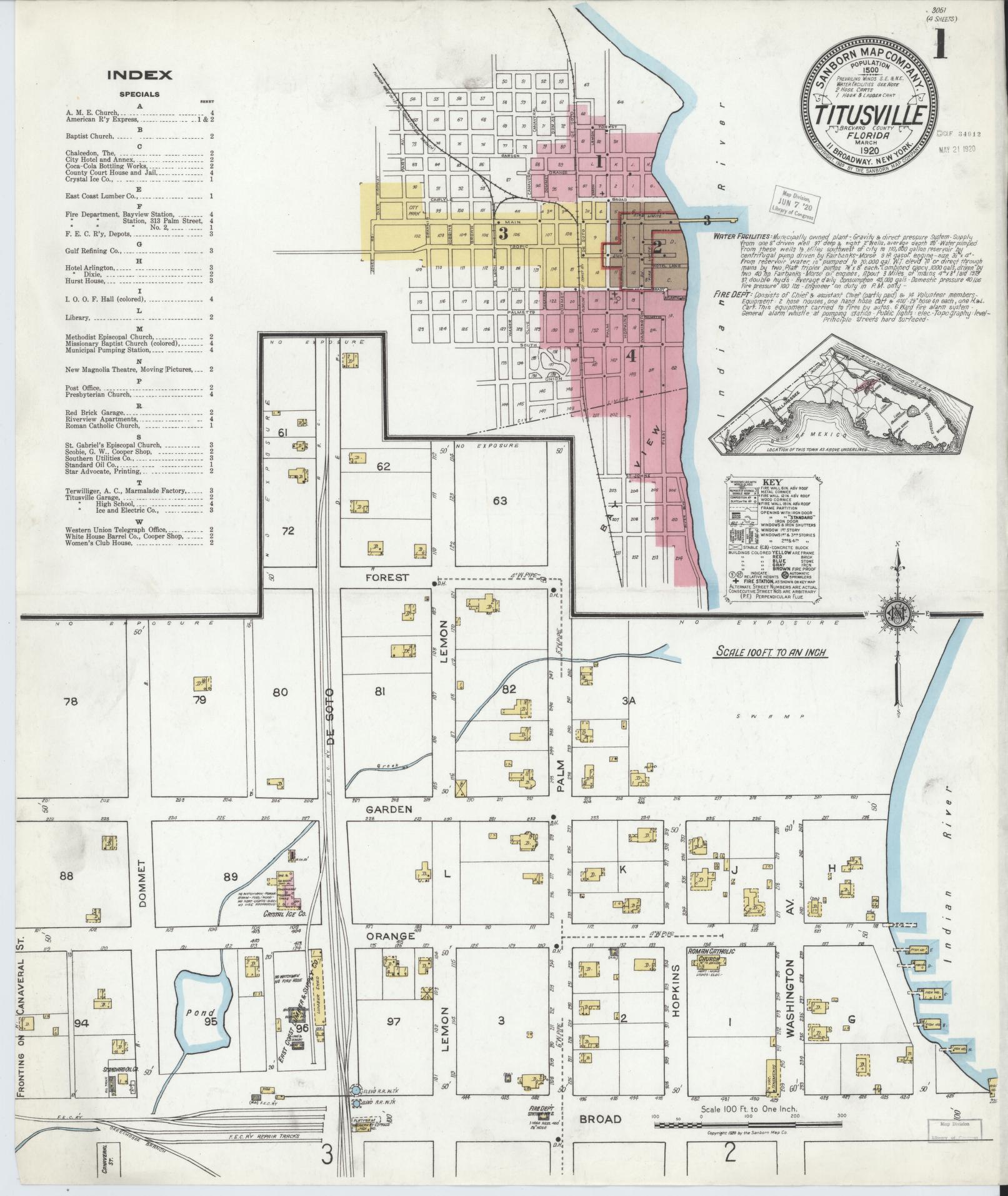 Sanborn Fire Insurance Map from Titusville, Brevard County, Florida (1920), Sheet #0001 - Complete Map Set gallery image, historic Sanborn map, vintage wall art, Florida Florida