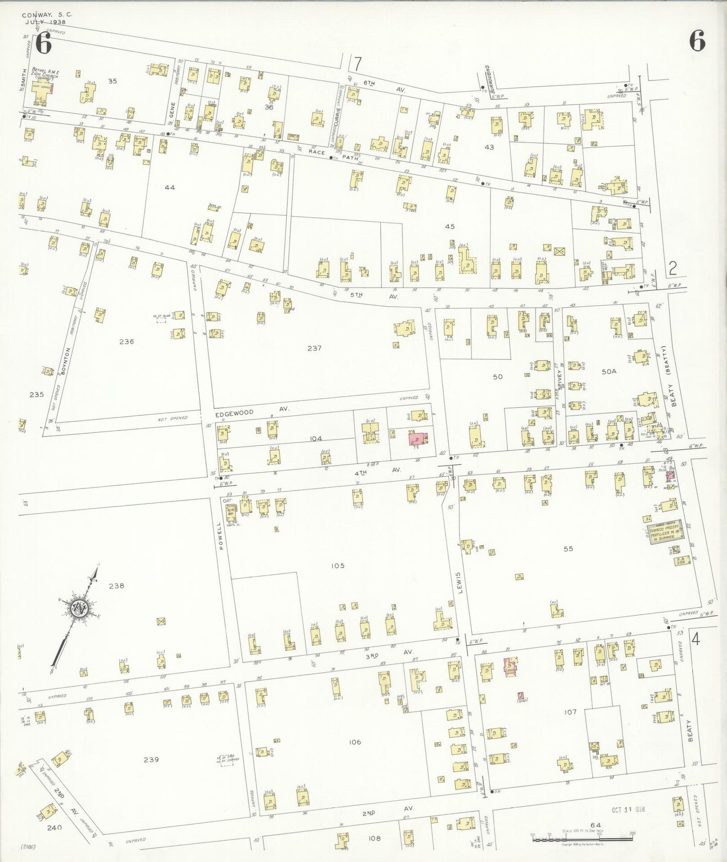Sanborn Fire Insurance Map from Conway, Horry County, South Carolina (1938), Sheet #0006 - Complete Map Set gallery image, historic Sanborn map, vintage wall art, South Carolina South Carolina