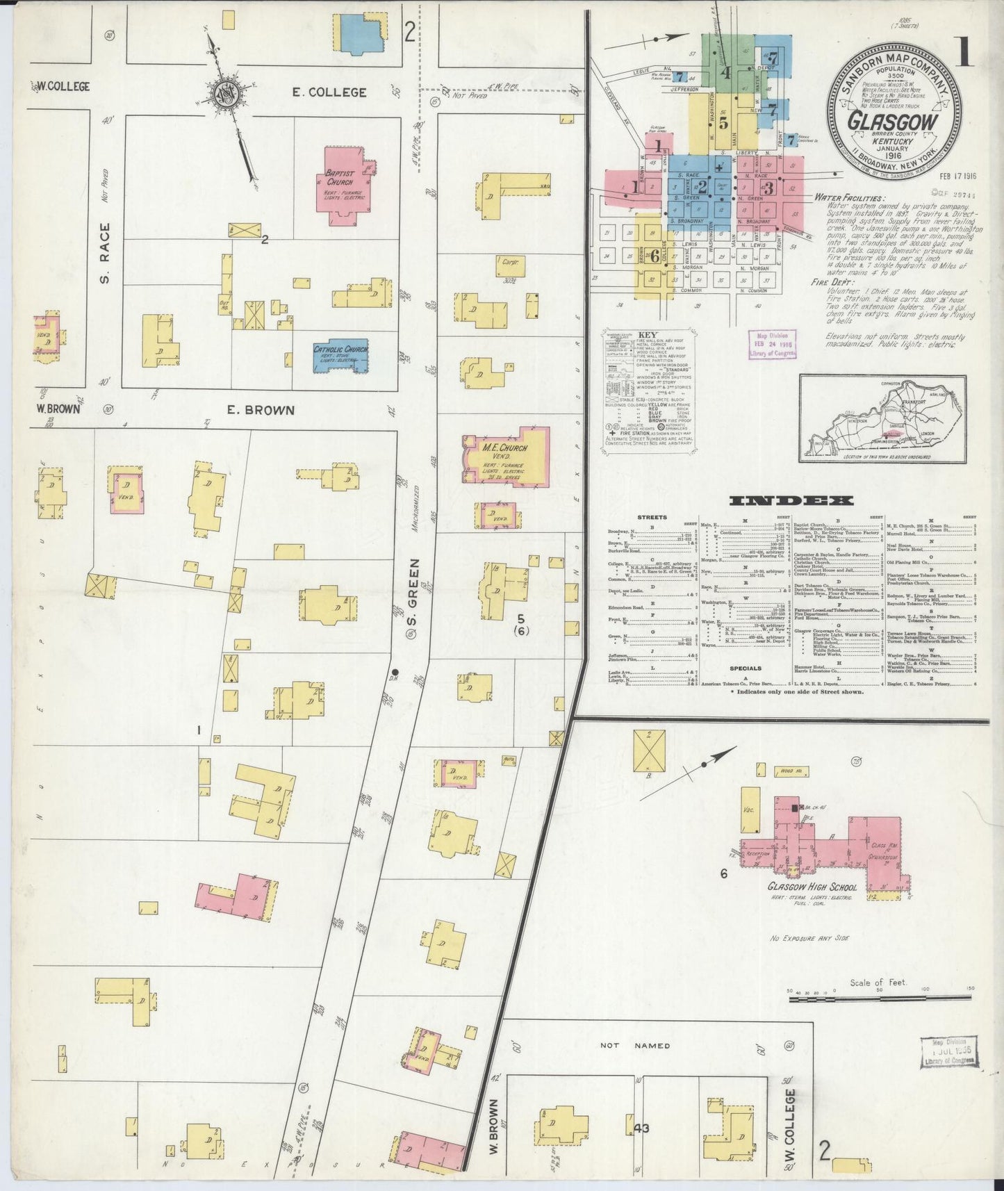 Sanborn Fire Insurance Map from Glasgow, Barren County, Kentucky (1916), Sheet #0001 - Historic Sanborn Fire Insurance Map Print, vintage old map wall art, antique decor, genealogy gift, Kentucky Kentucky map