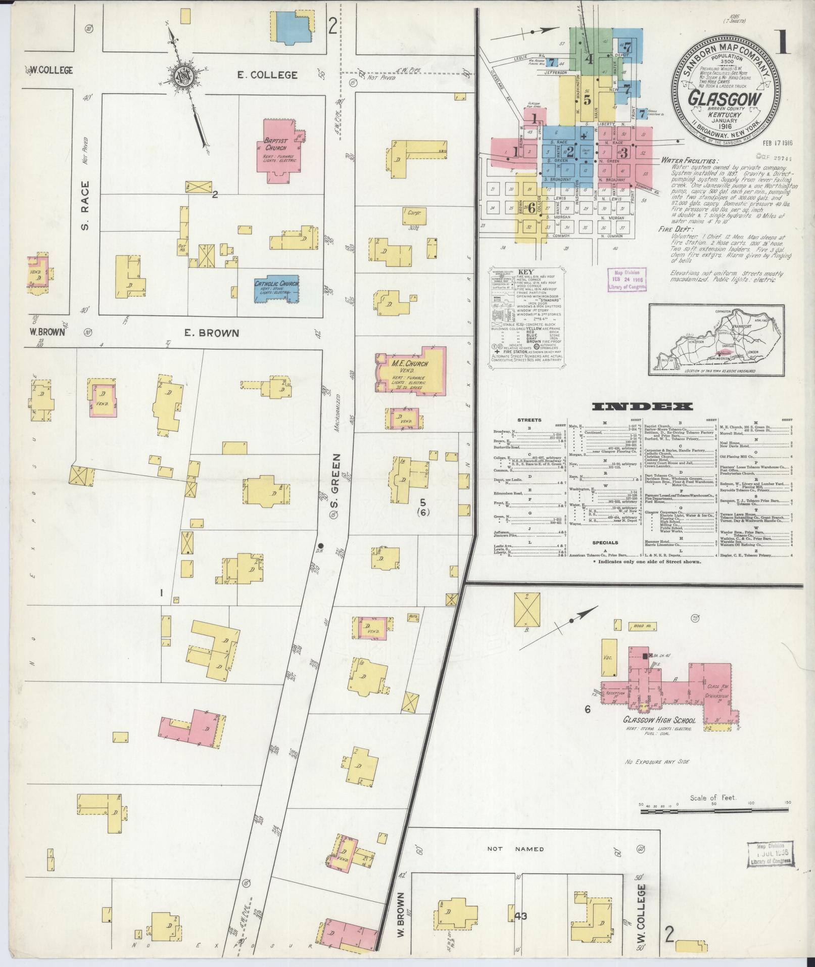 Sanborn Fire Insurance Map from Glasgow, Barren County, Kentucky (1916), Sheet #0001 - Historic Sanborn Fire Insurance Map Print, vintage old map wall art, antique decor, genealogy gift, Kentucky Kentucky map
