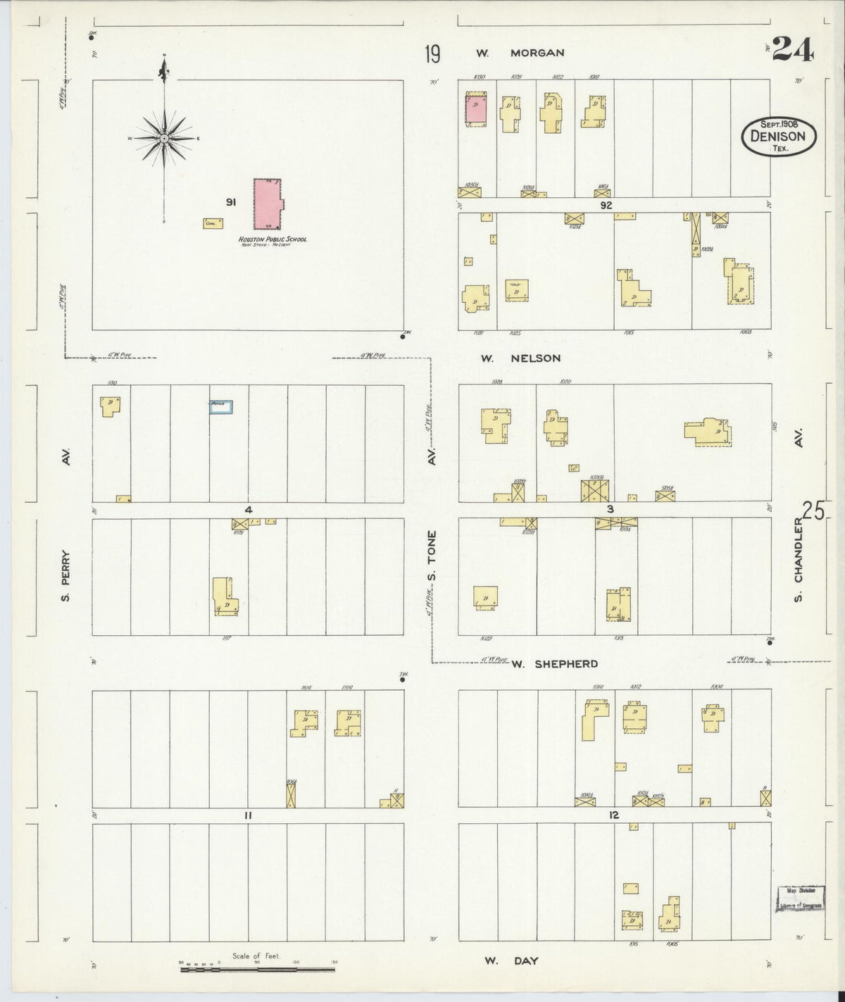 Sanborn Fire Insurance Map from Denison, Grayson County, Texas (1908), Sheet #0024 - Complete Map Set gallery image, historic Sanborn map, vintage wall art, Texas Texas