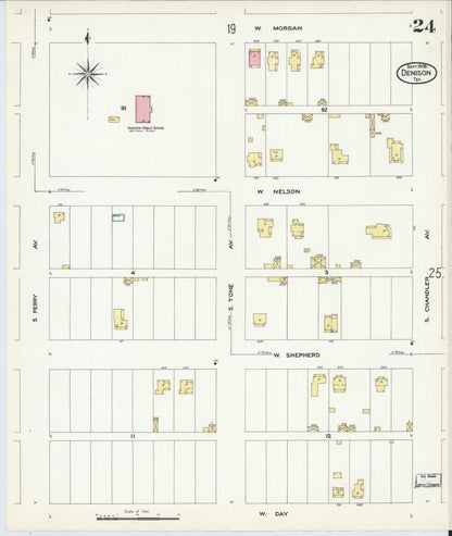 Sanborn Fire Insurance Map from Denison, Grayson County, Texas (1908), Sheet #0024 - Complete Map Set gallery image, historic Sanborn map, vintage wall art, Texas Texas