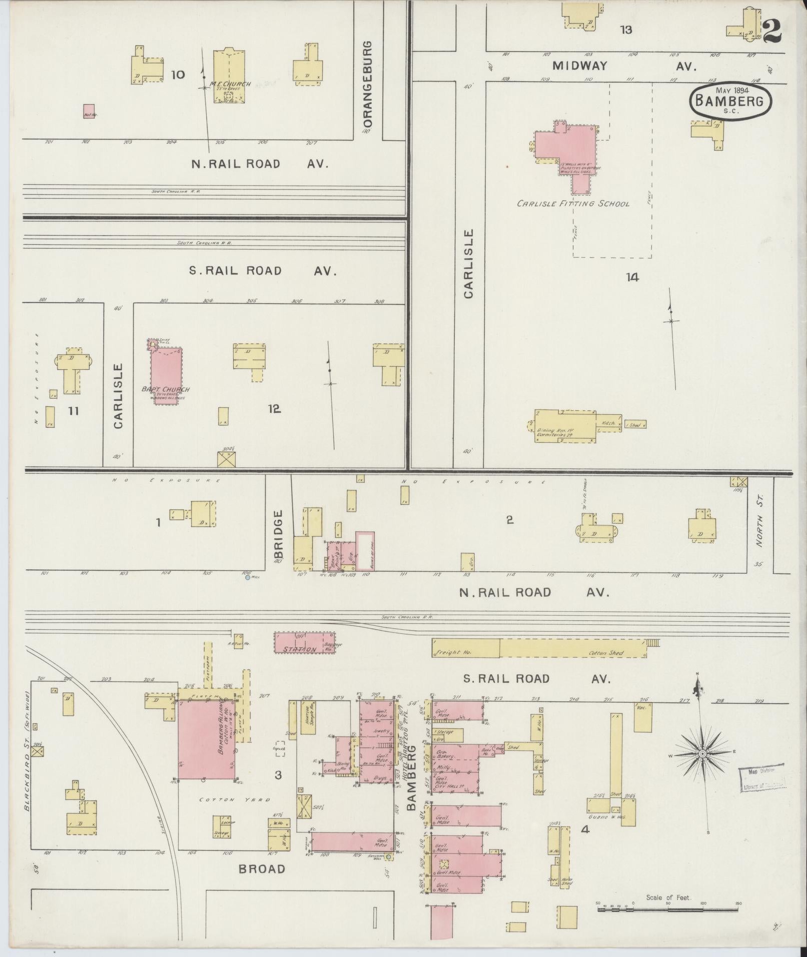 Sanborn Fire Insurance Map from Bamberg, Bamberg County, South Carolina (1894), Sheet #0002 - Complete Map Set gallery image, historic Sanborn map, vintage wall art, South Carolina South Carolina