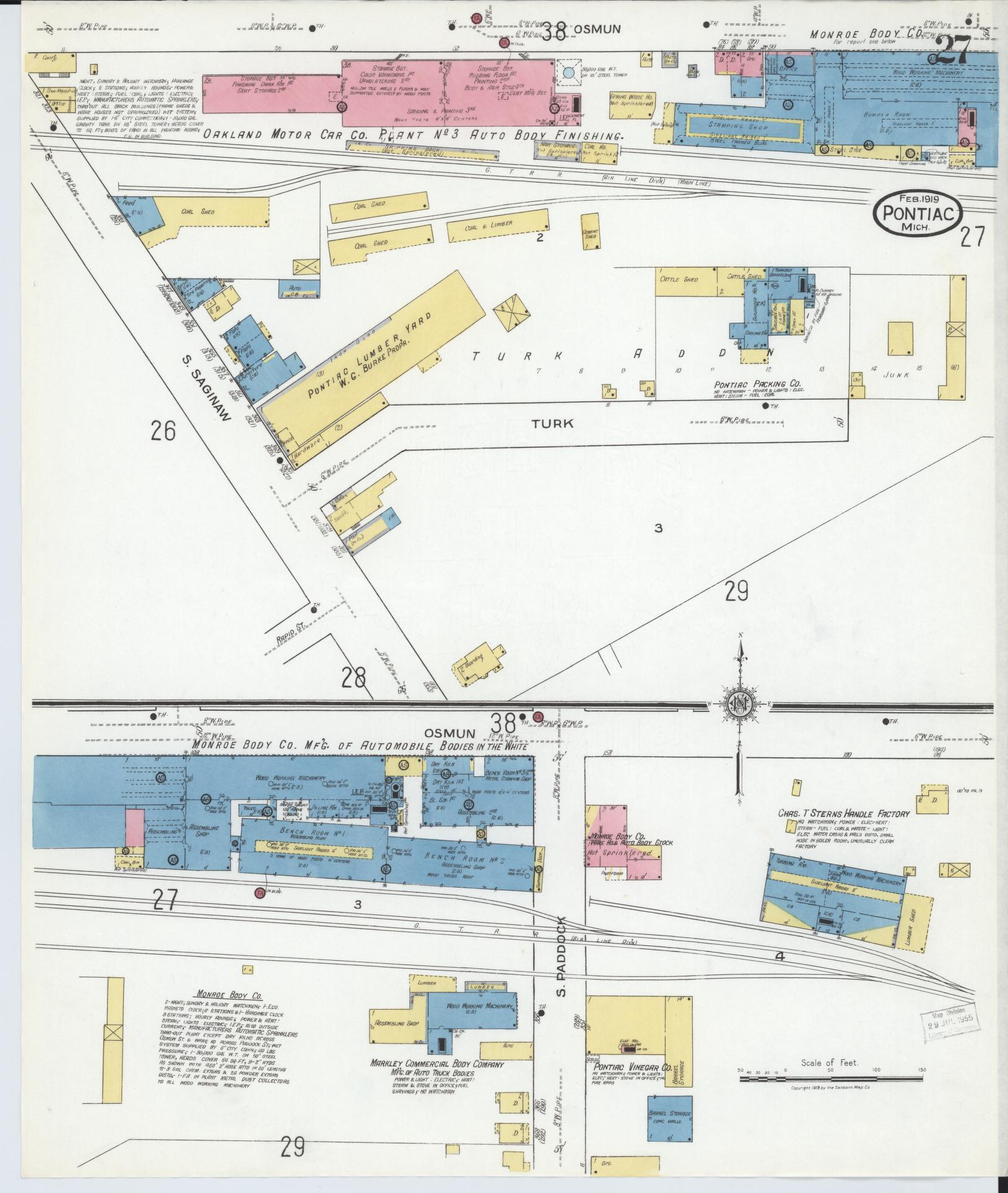 Sanborn Fire Insurance Map from Pontiac, Oakland County, Michigan (1919), Sheet #0027 - Historic Sanborn Fire Insurance Map Print, vintage old map wall art, antique decor, genealogy gift, Michigan Michigan map